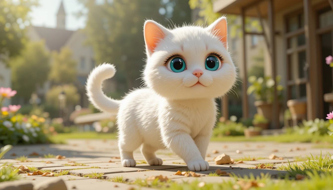 Adorable gato blanco 3D caminando afuera bajo el cálido sol