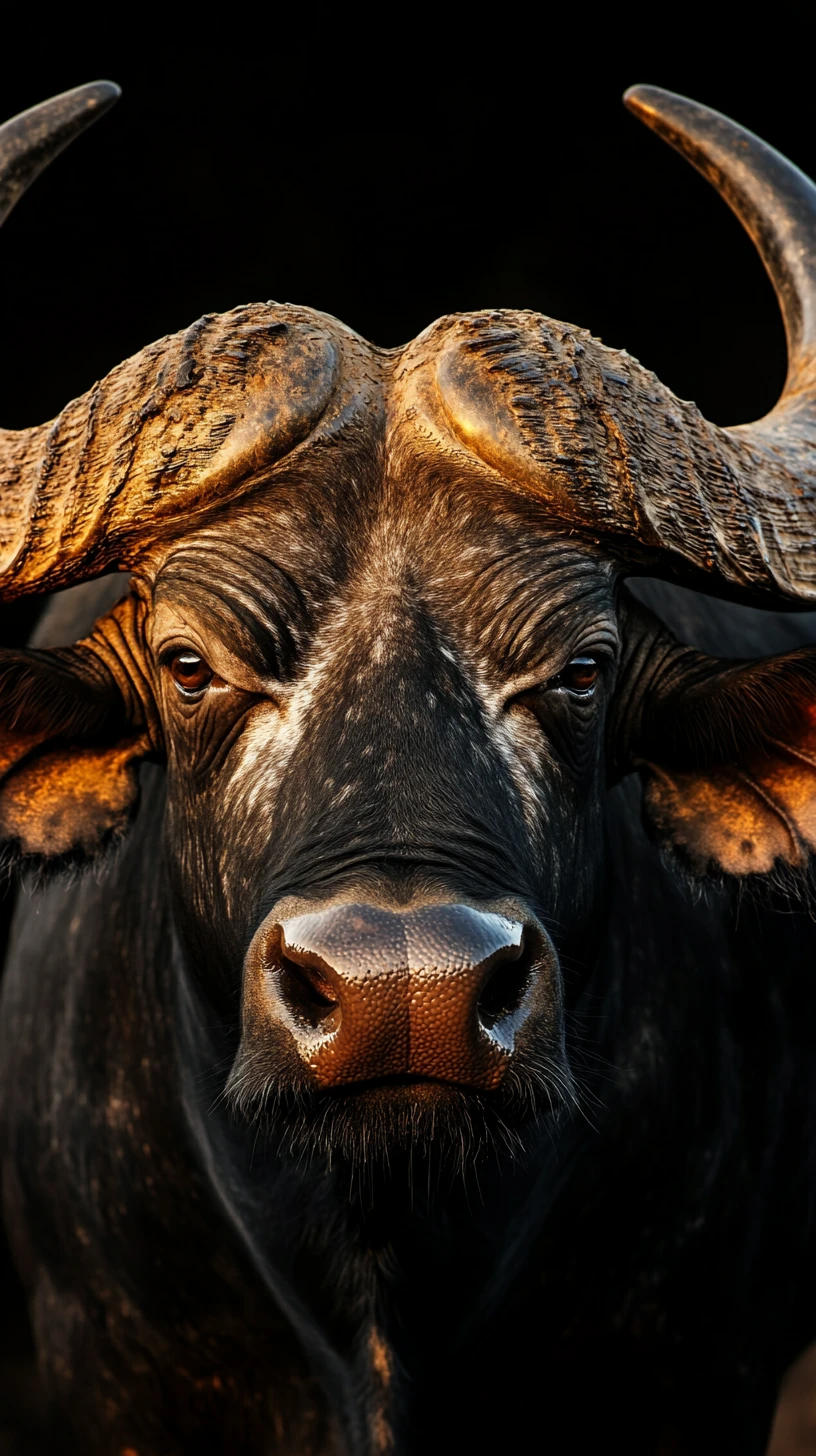 Majestic close up portrait of a powerful horned buffalo