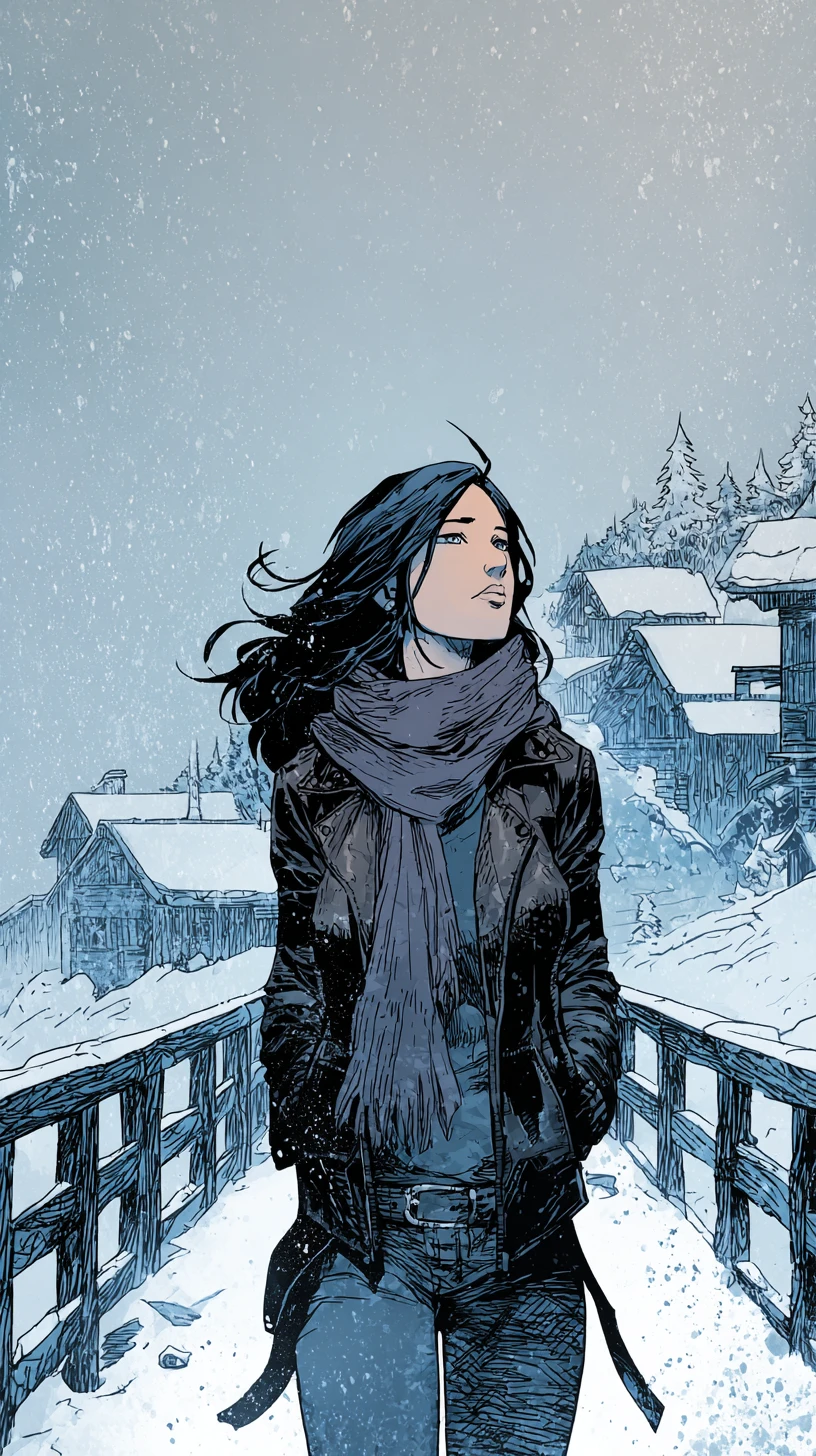 Young woman walking alone across a snowy town bridge