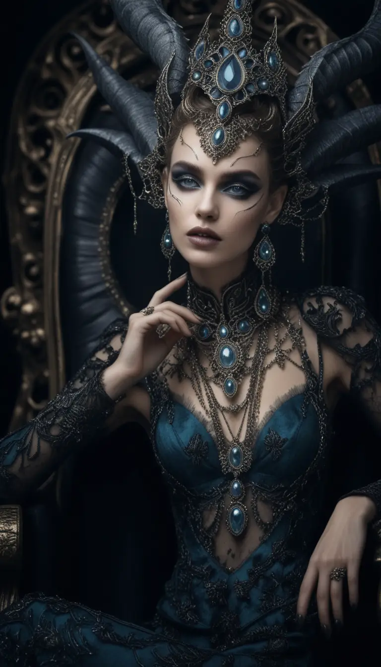Regina demoniaca fantasy su trono barocco con corona di drago cornuto