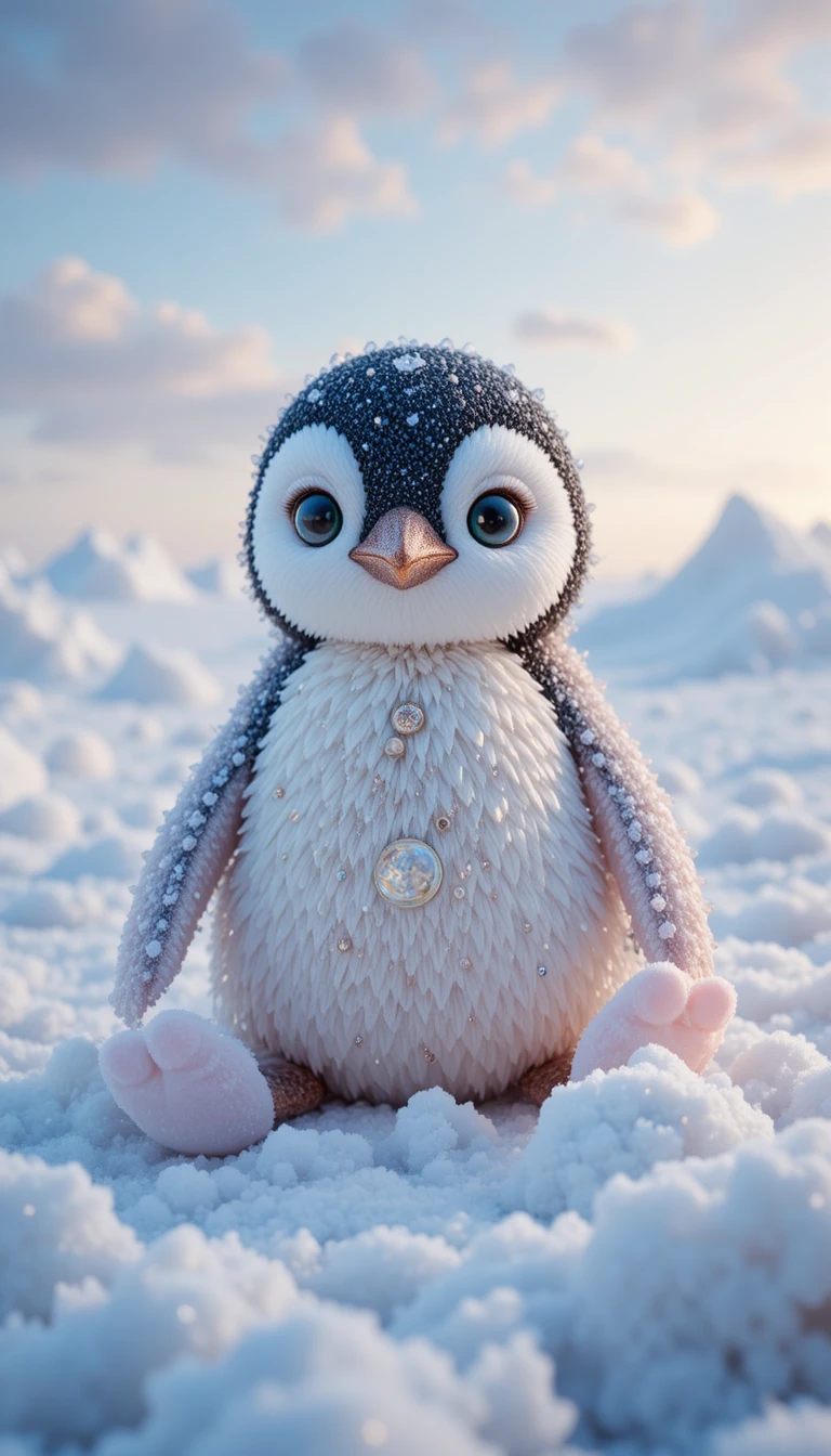 Adorable bebé pingüino con texturas de perla y diamante