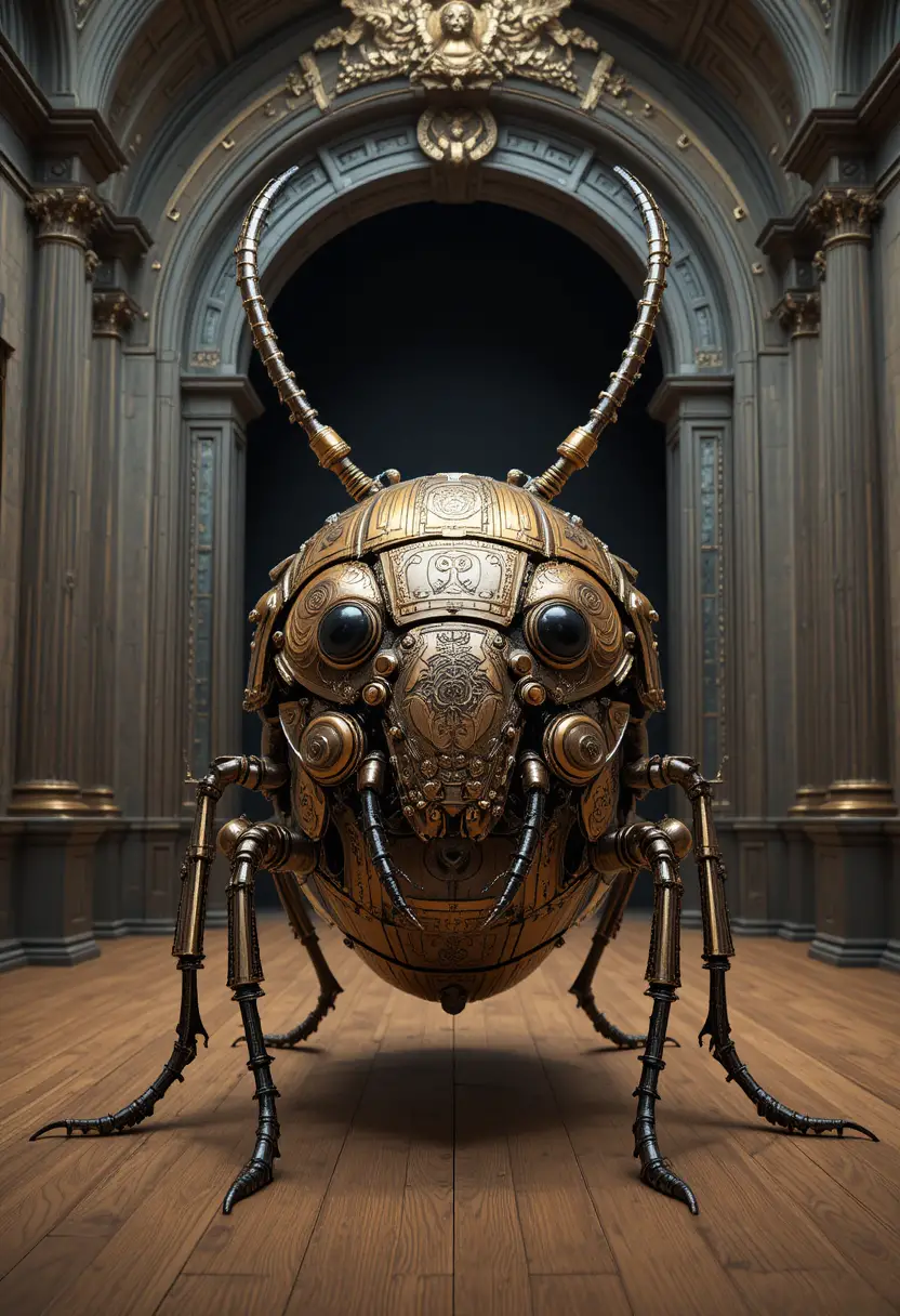 Steampunk mechanical beetle in a grand victorian hall
