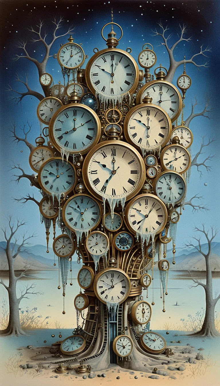 Máquina del tiempo steampunk surreal con cielo turquesa cósmico