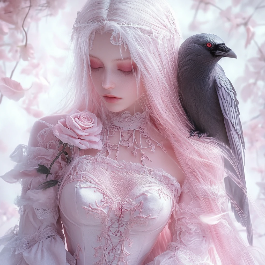 Mistica donna gotica con capelli rosa pastello e corvo bianco