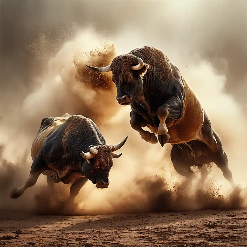 Two powerful bulls clashing in a dramatic dusty arena