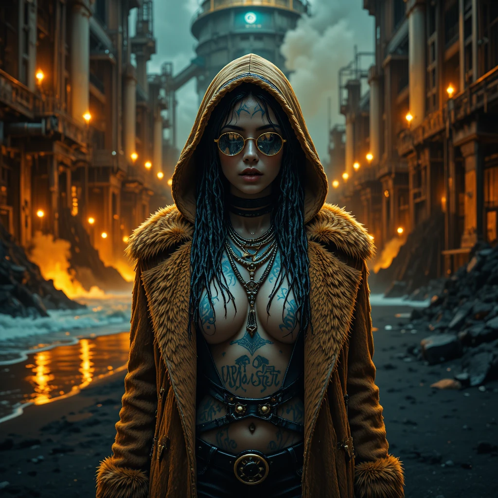 Tattooed femme fatale in flooded industrial power station