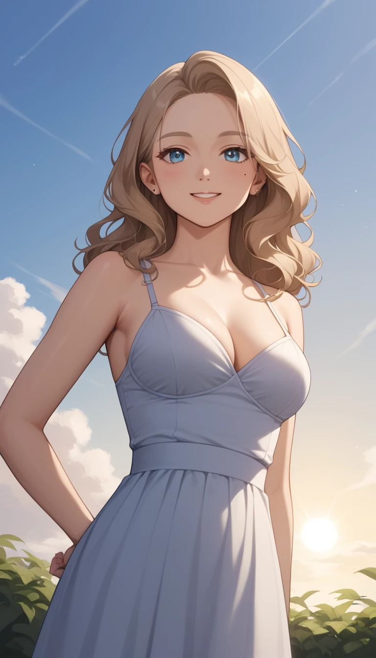 Shy anime girl at dawn in a gentle outdoor scene