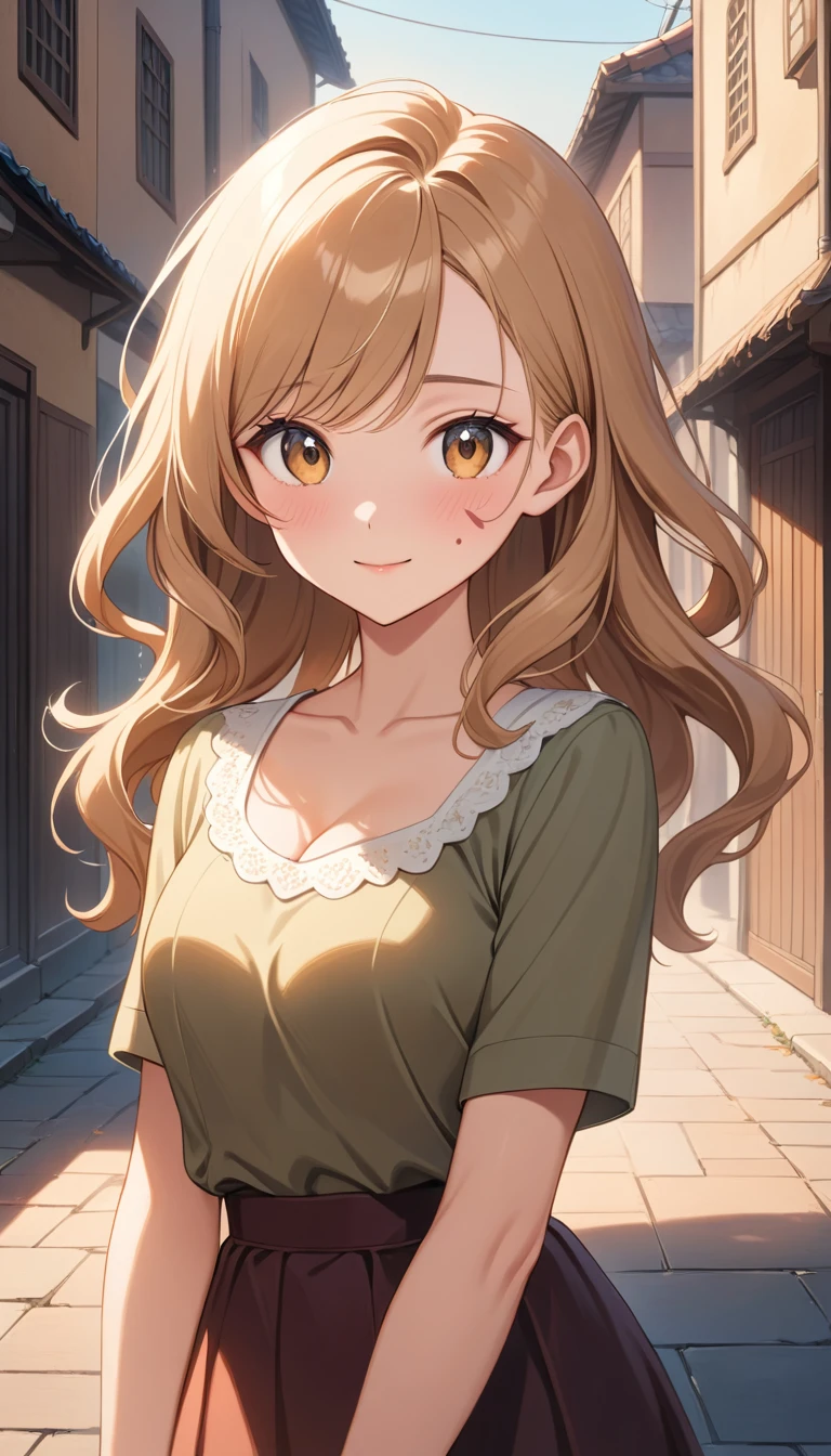 Jeune femme d’anime timide à l’aube dans une chaude lumière du soleil