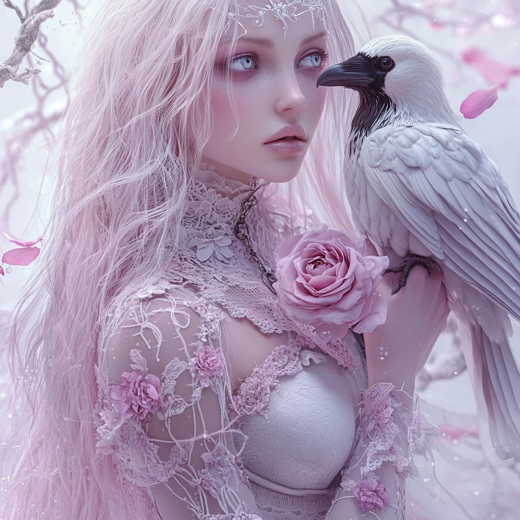 Mystical pastel haired gothic woman with white raven