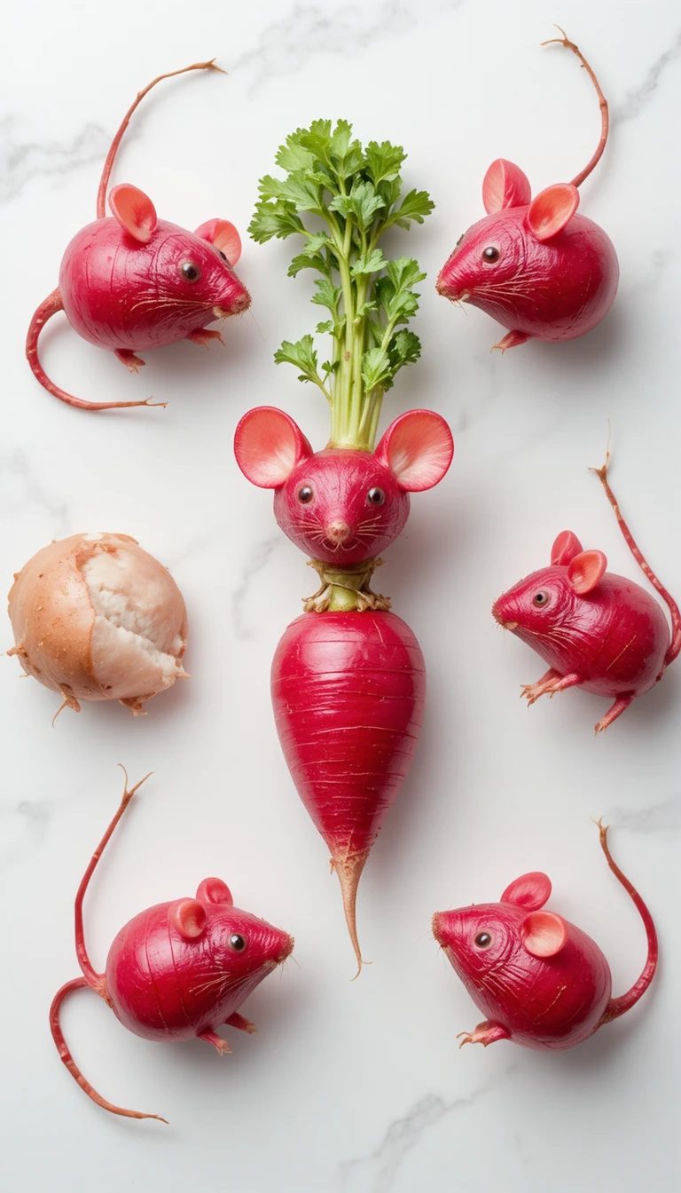 Cute radish mice arranged on a clean white background