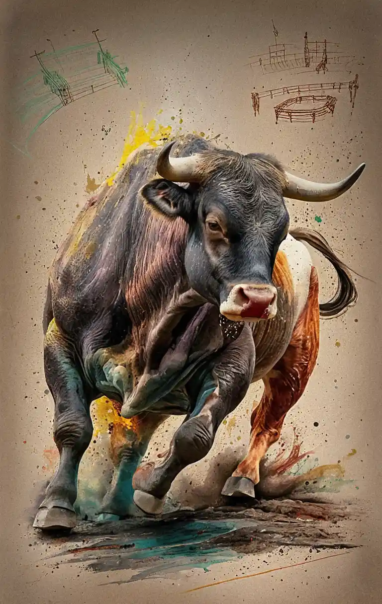 Charging spanish bull in dramatic mixed media illustration