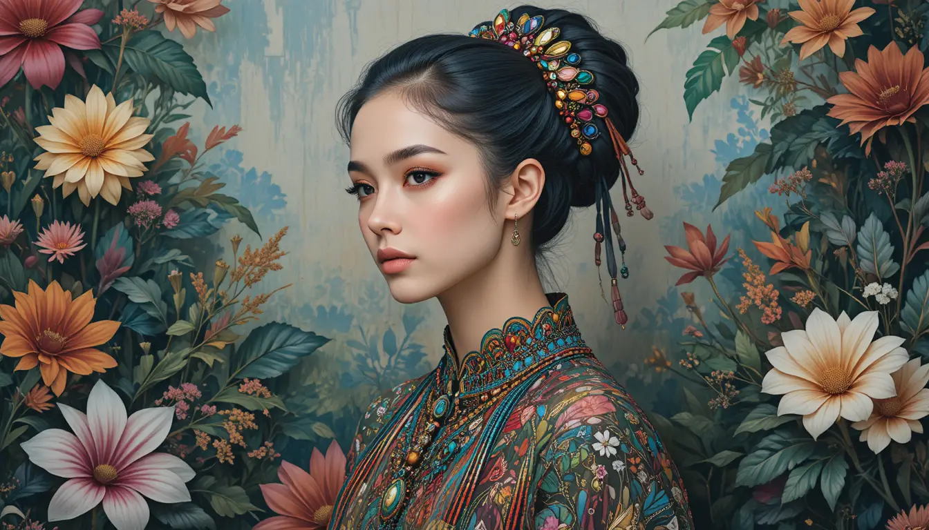 Elegant woman in hand dyed cotton fashion with flowers