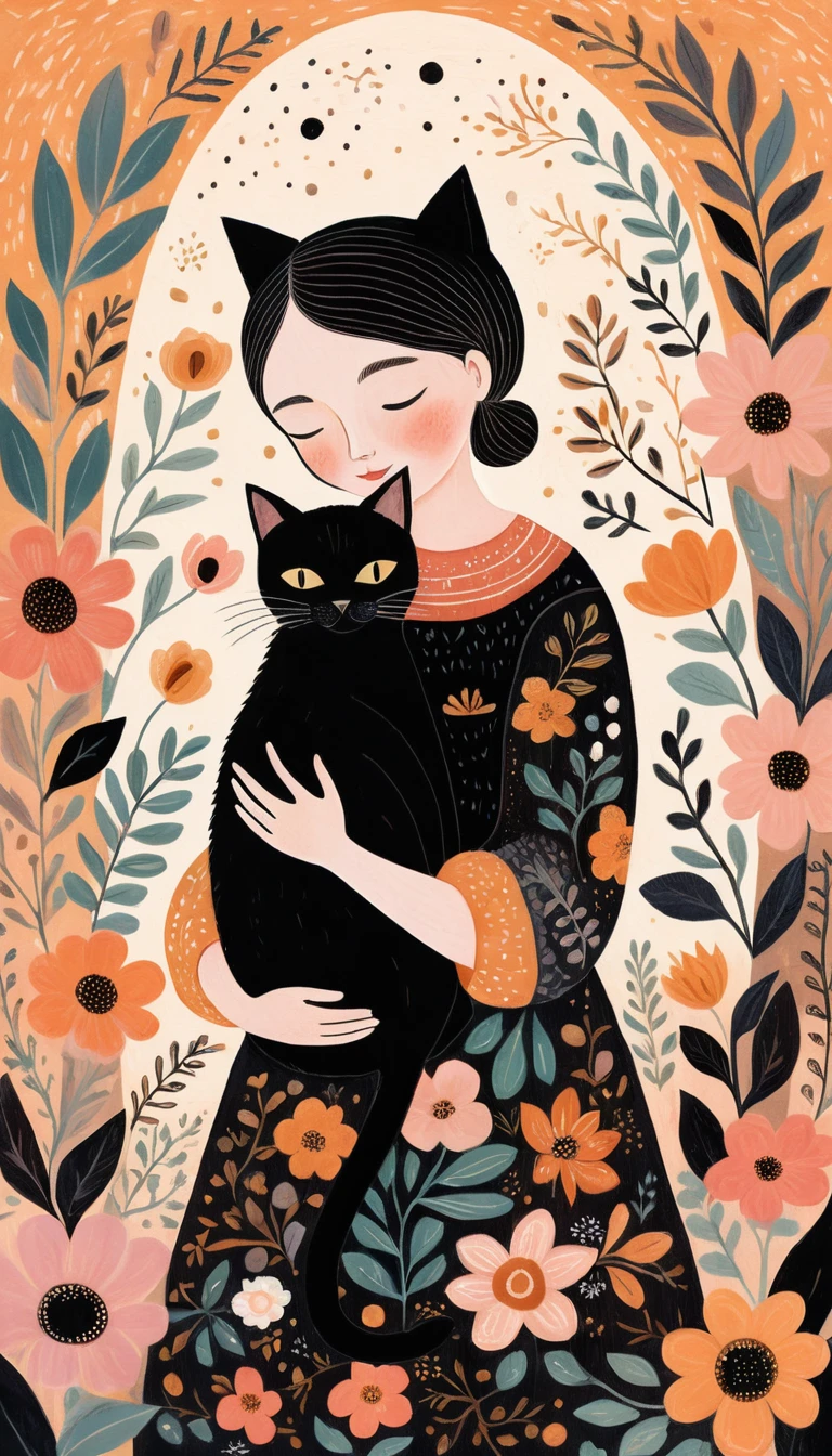 Child hugging a black cat in whimsical folk art style