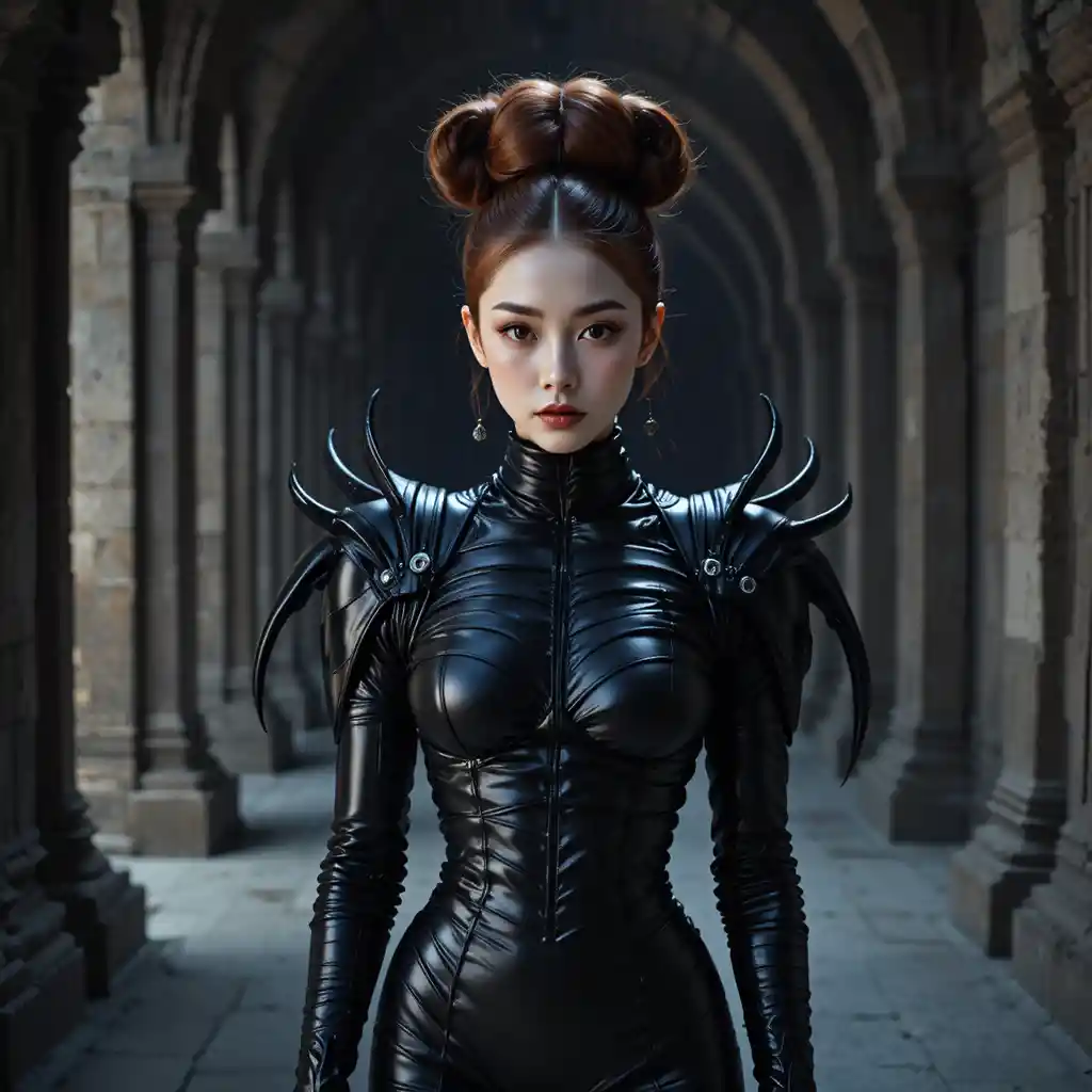 Korean dame in armored black couture in stone corridor