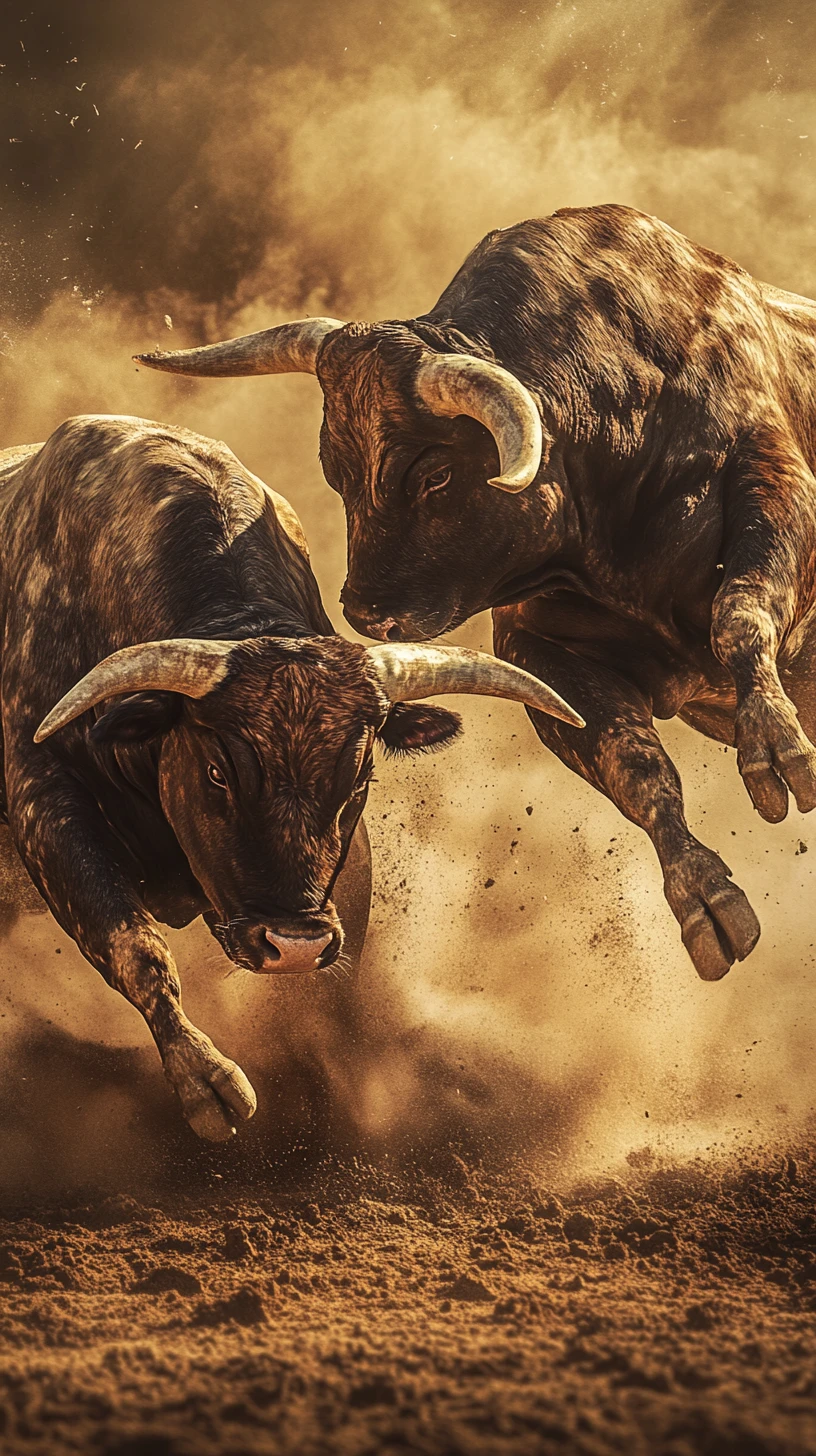 Two fighting bulls clash in a dramatic dust filled arena