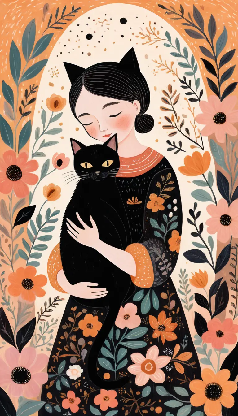 Child hugging a black cat in whimsical folk art style