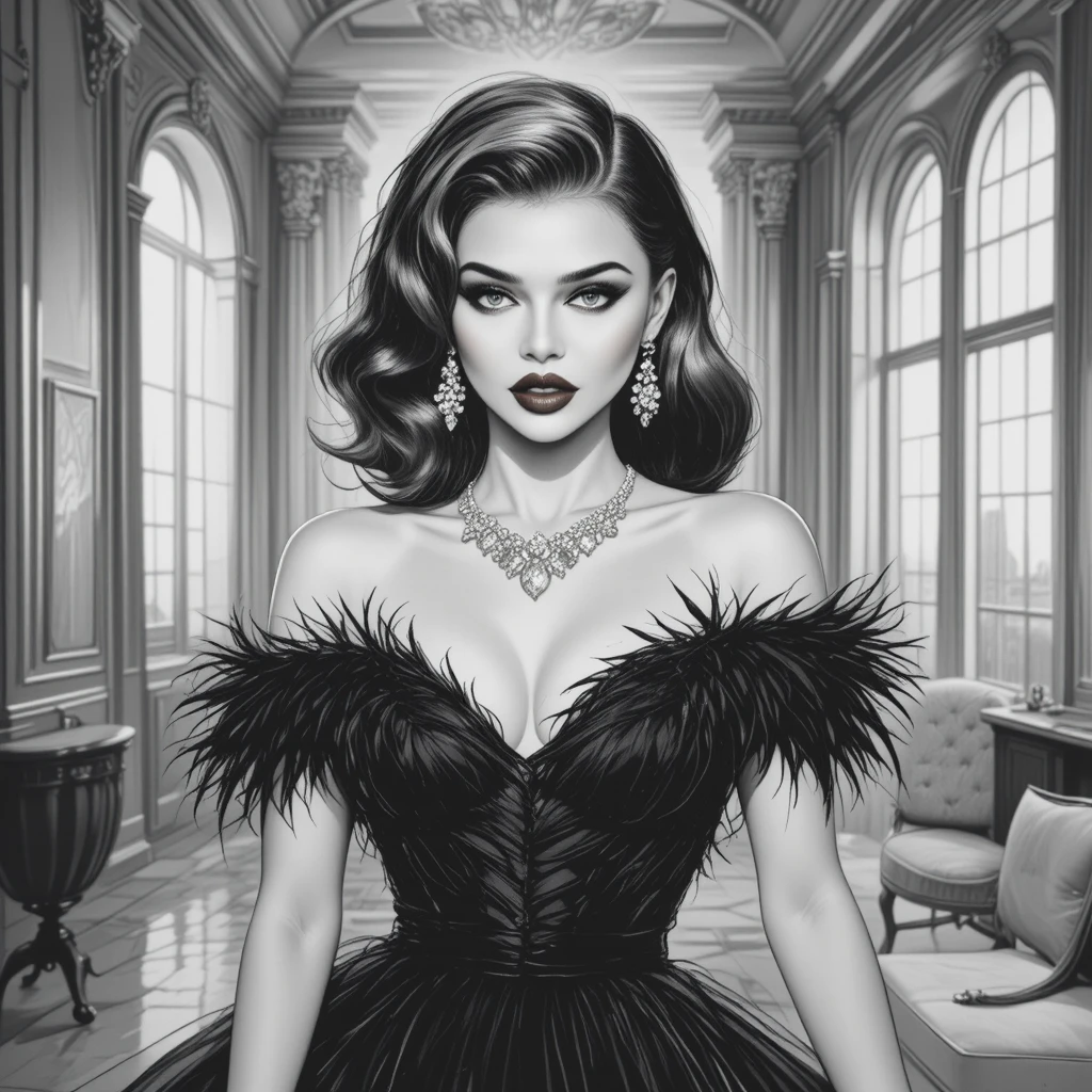 Glamorous blonde woman in black dress in grand interior