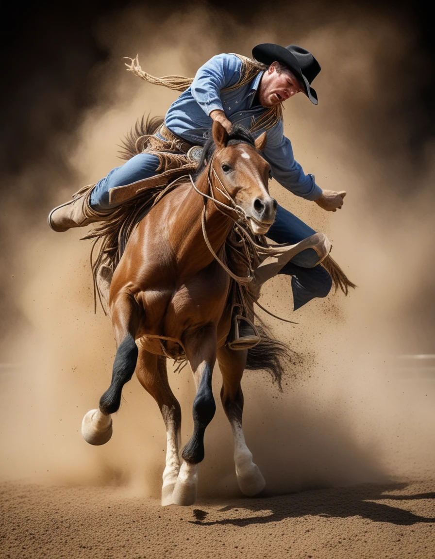 Vaquero arrojado por un bronco en una polvorienta arena de rodeo