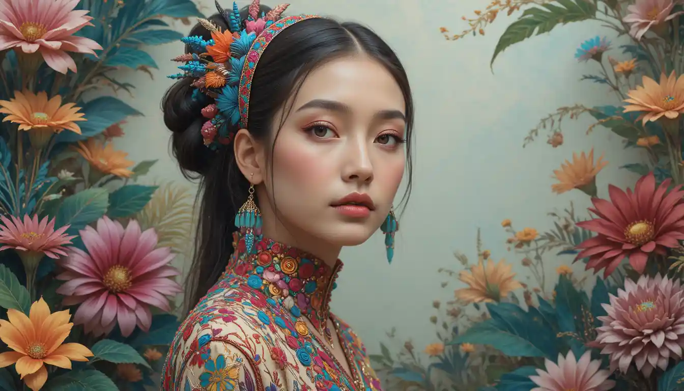 Elegant fantasy woman with beaded feathers and tropical flowers