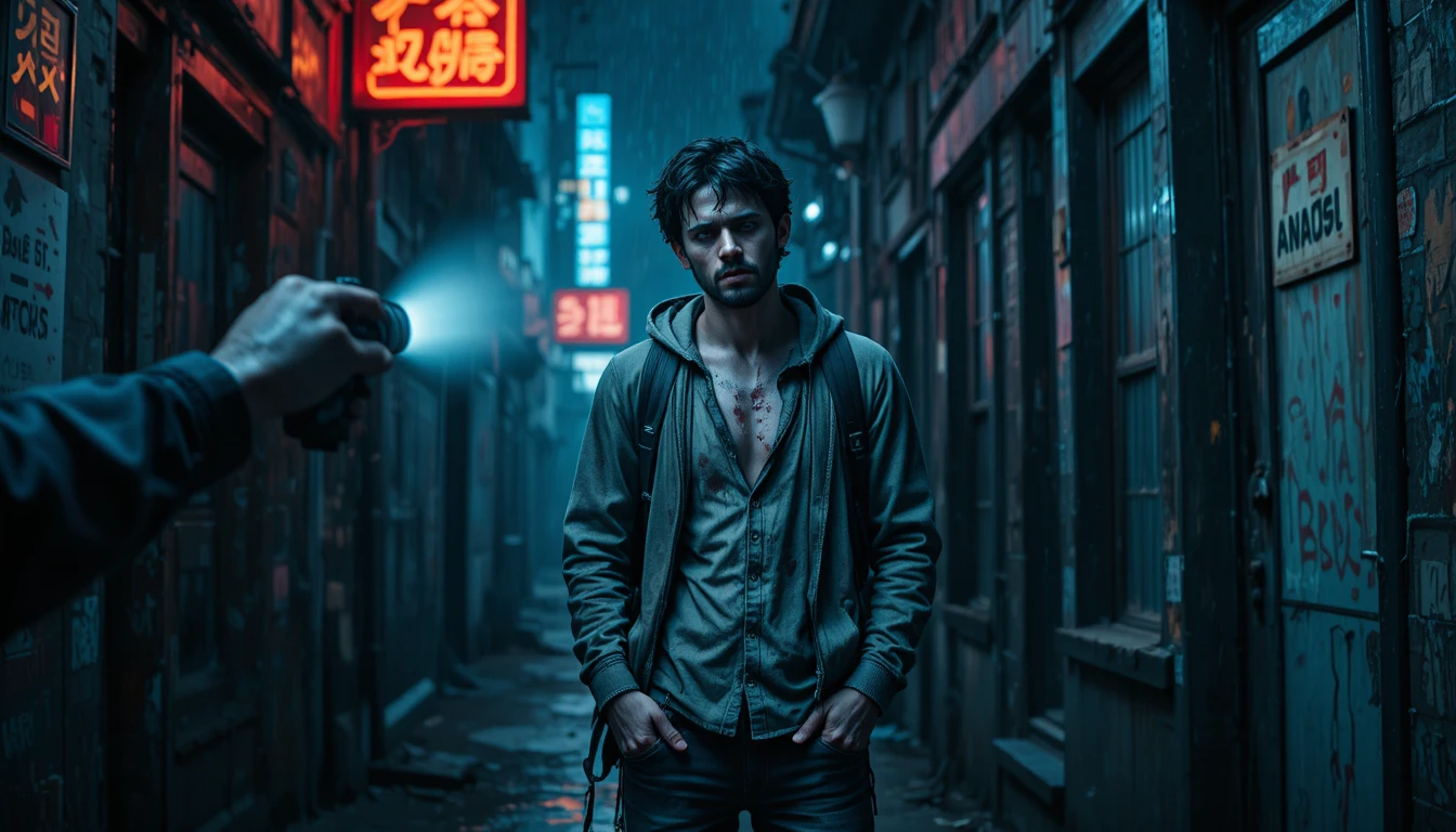 Exhausted young man in a dark rainy city alley