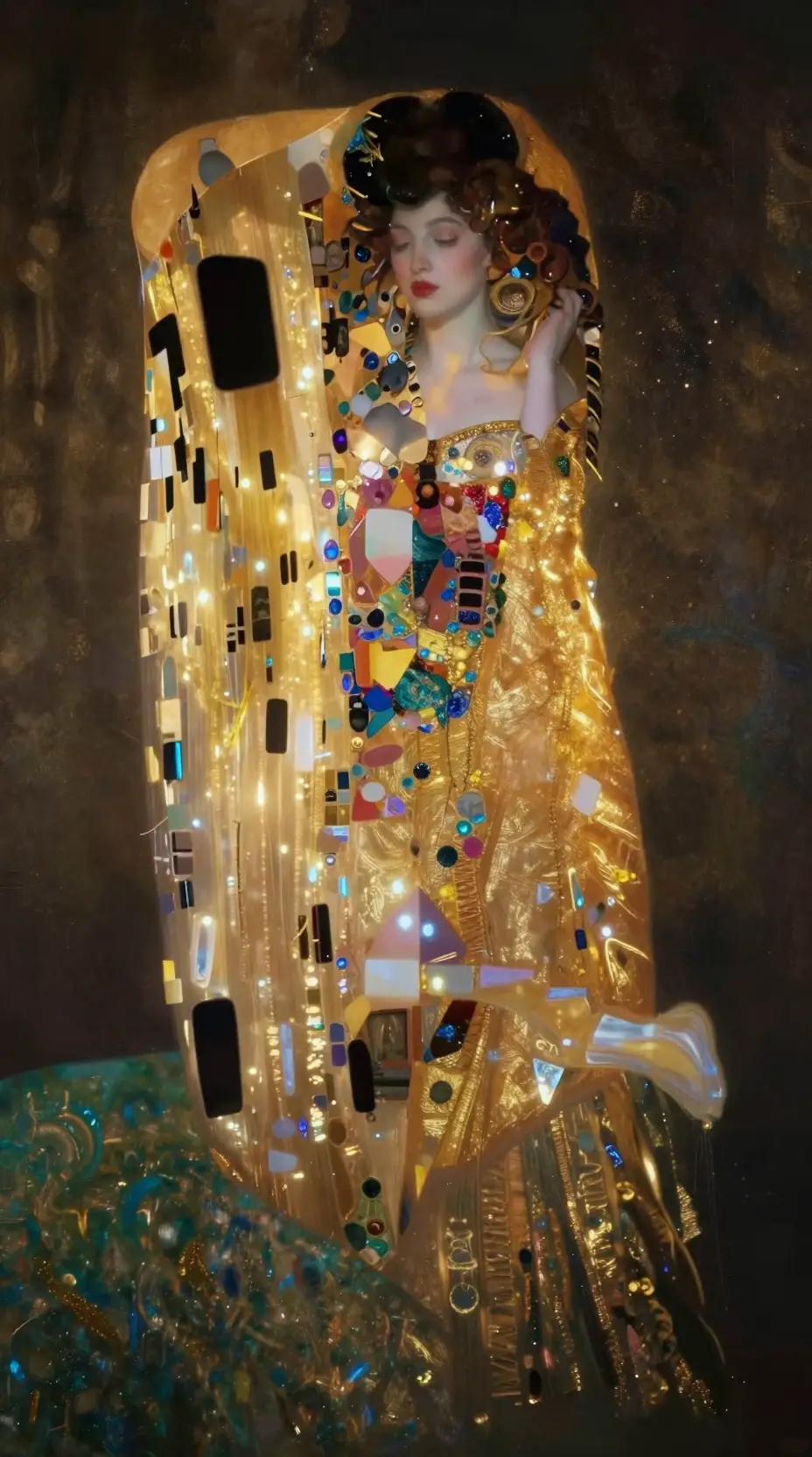 Ethereal woman in a gilded gown in soft glowing light