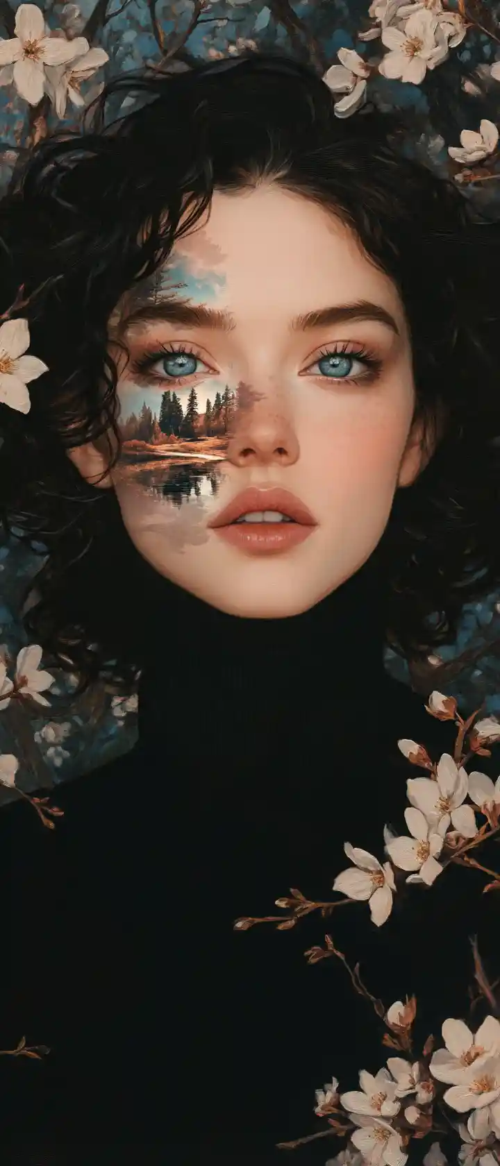 Woman portrait with floral branches and landscape sweater