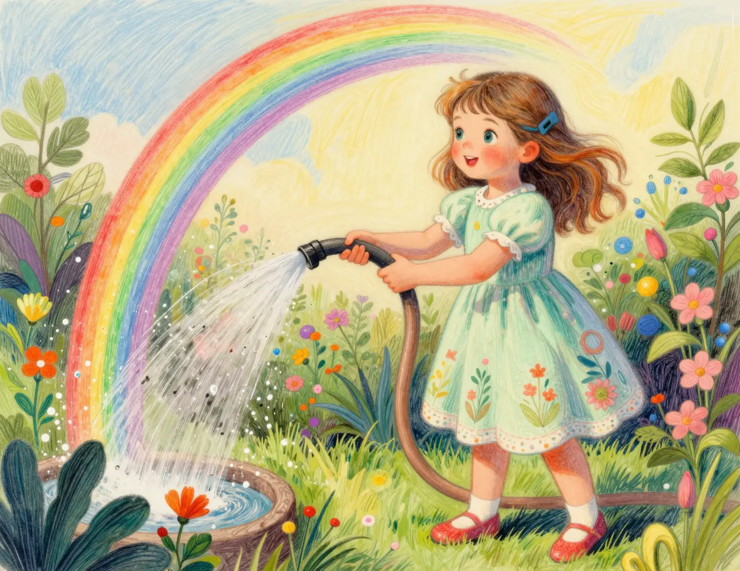 Giovane ragazza che annaffia un giardino colorato sotto il sole