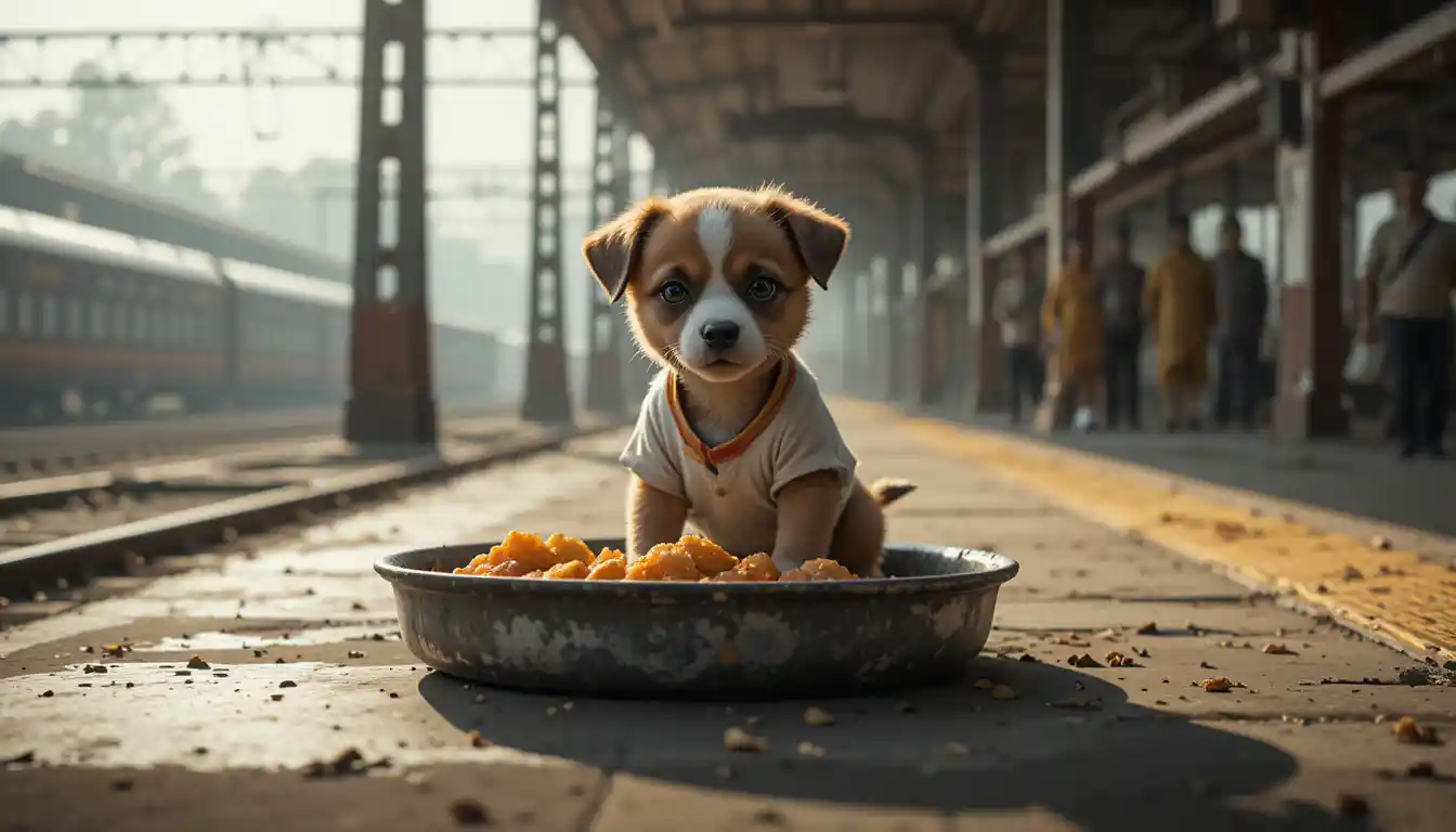 Small stray puppy with human body carrying jalebi tray