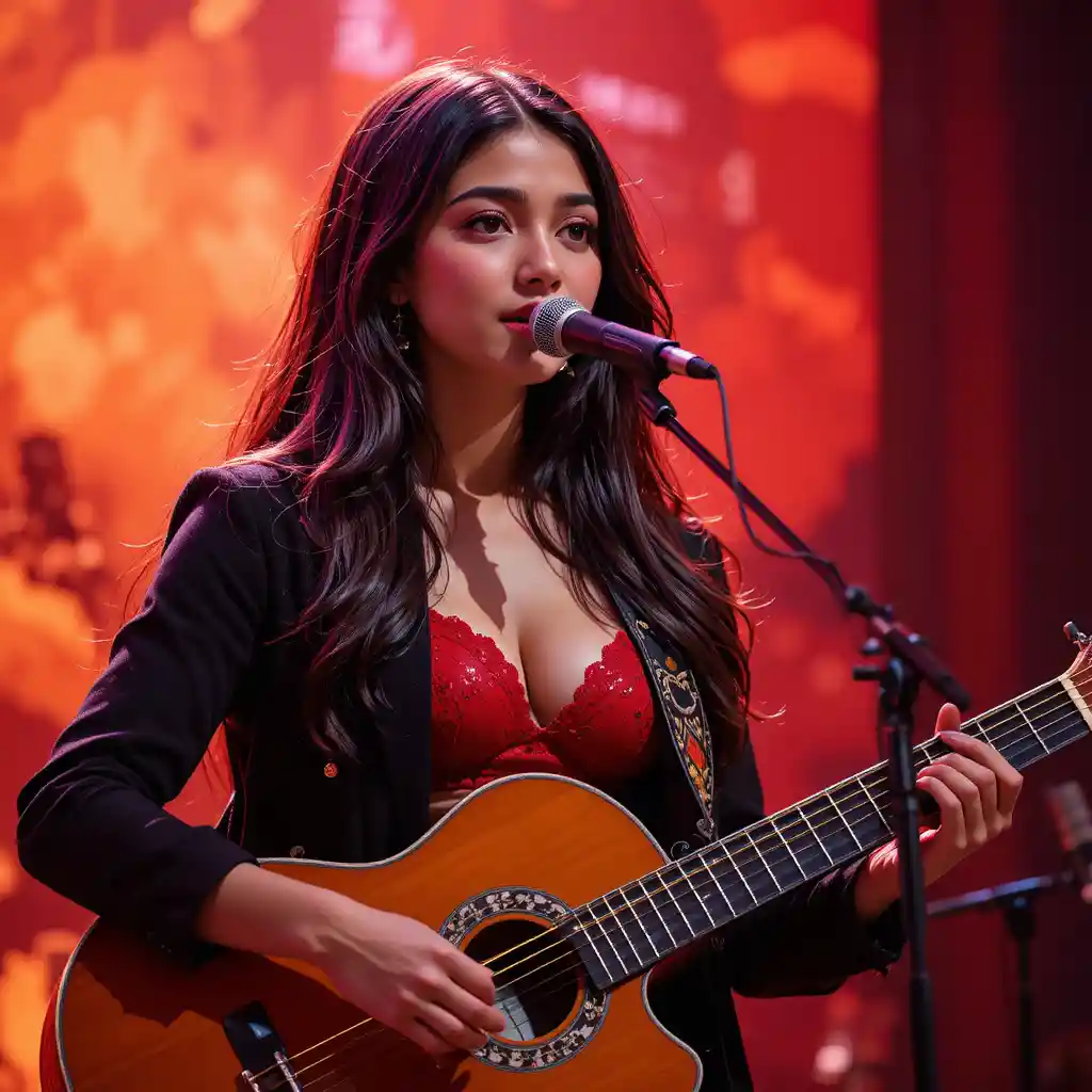 Joven cantante india actuando en el escenario con guitarra
