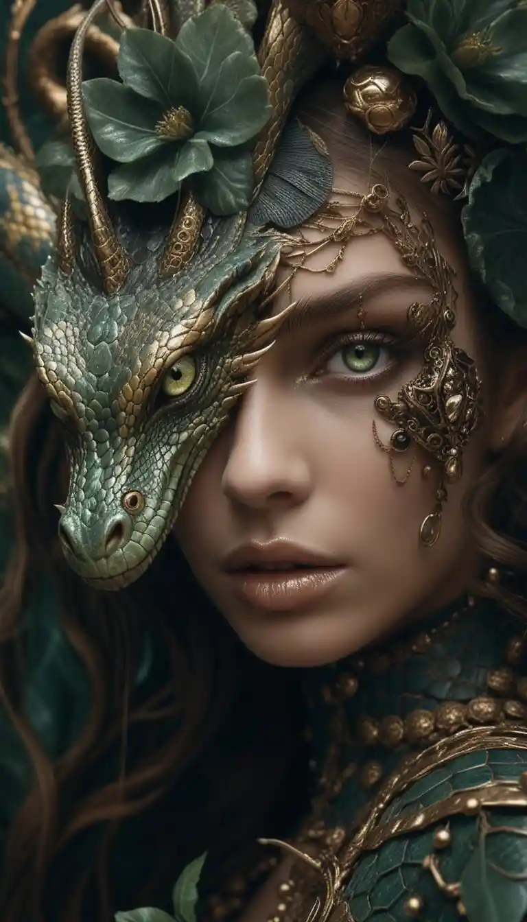 Sacerdotessa serpente fantasy in primo piano con corona rettile dorata