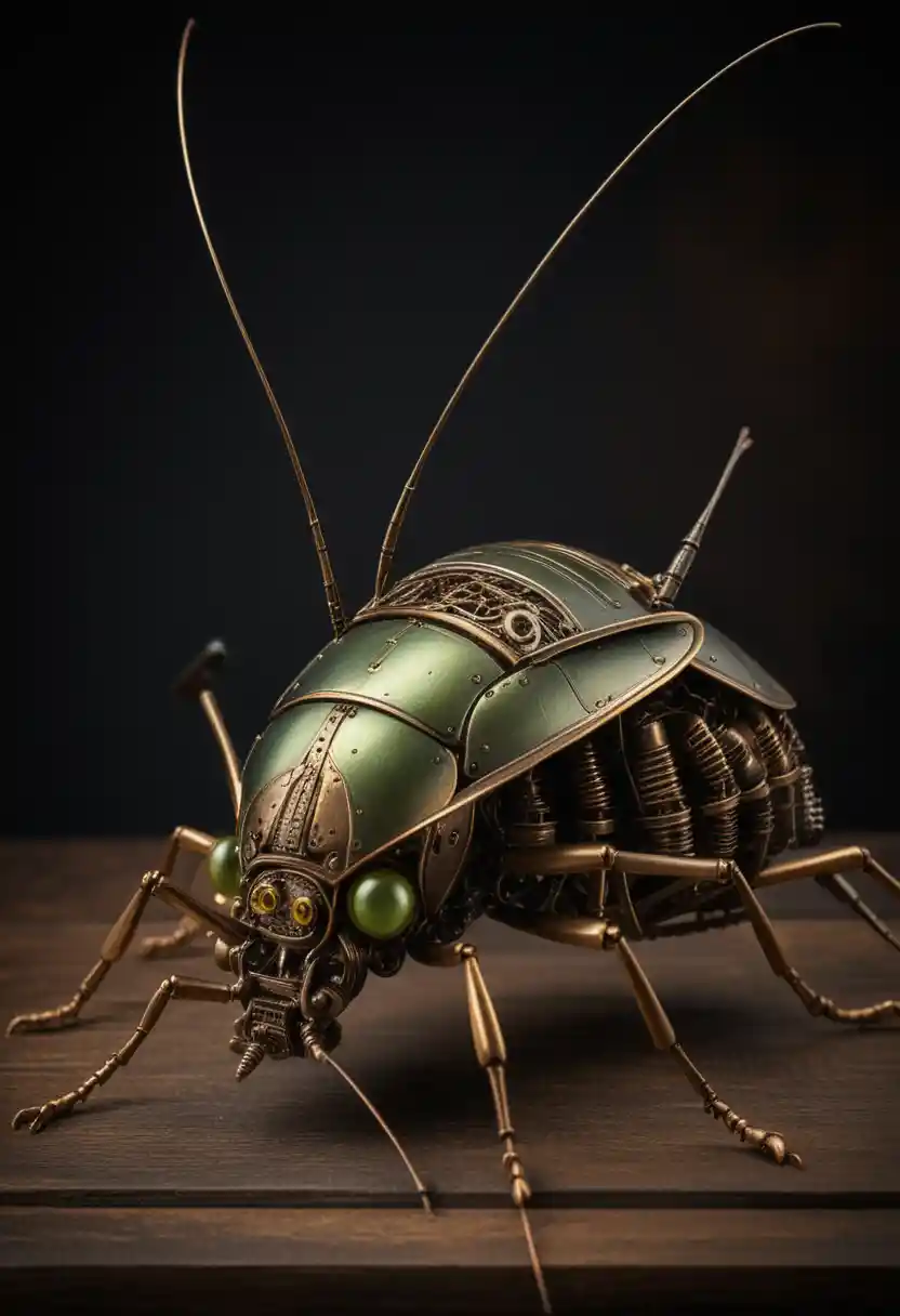 Steampunk Mechanical Cricket On Wooden Platform In Studio