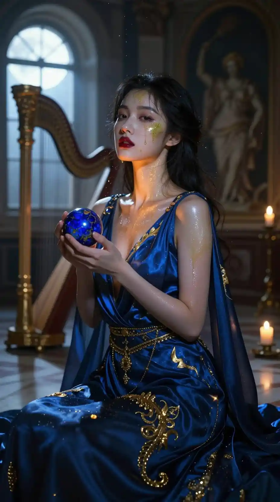 Donna giapponese in abito zaffiro alla luce di candele e luna