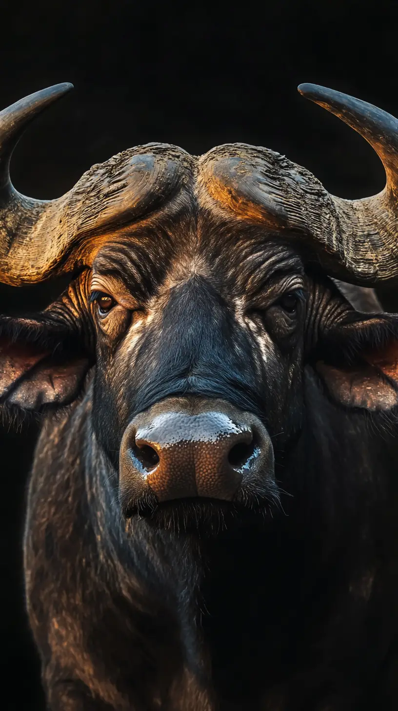 Majestic close up portrait of a horned buffalo in shadow
