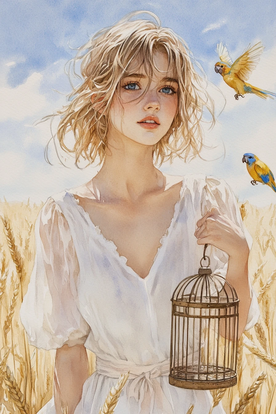 Young woman with birdcage in a golden wheat field