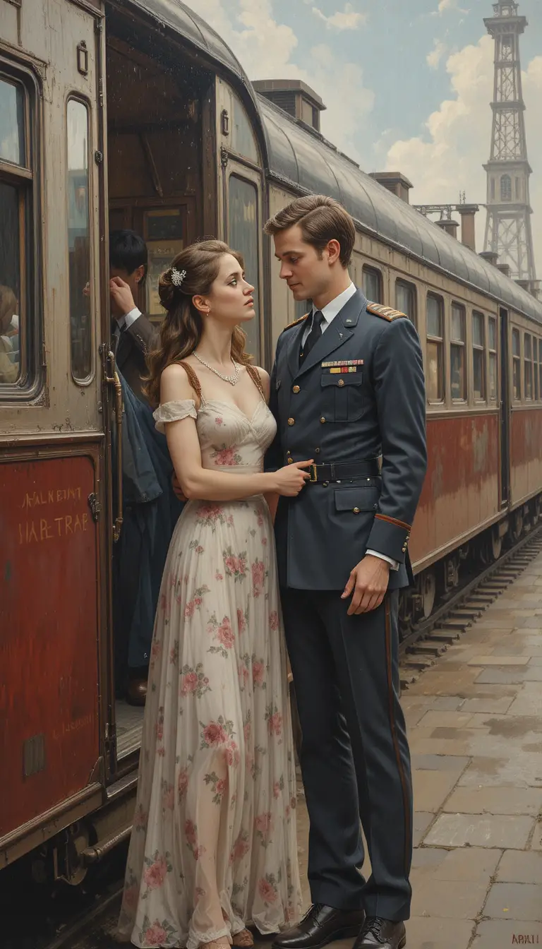 Young couple saying goodbye at a 1960s train station