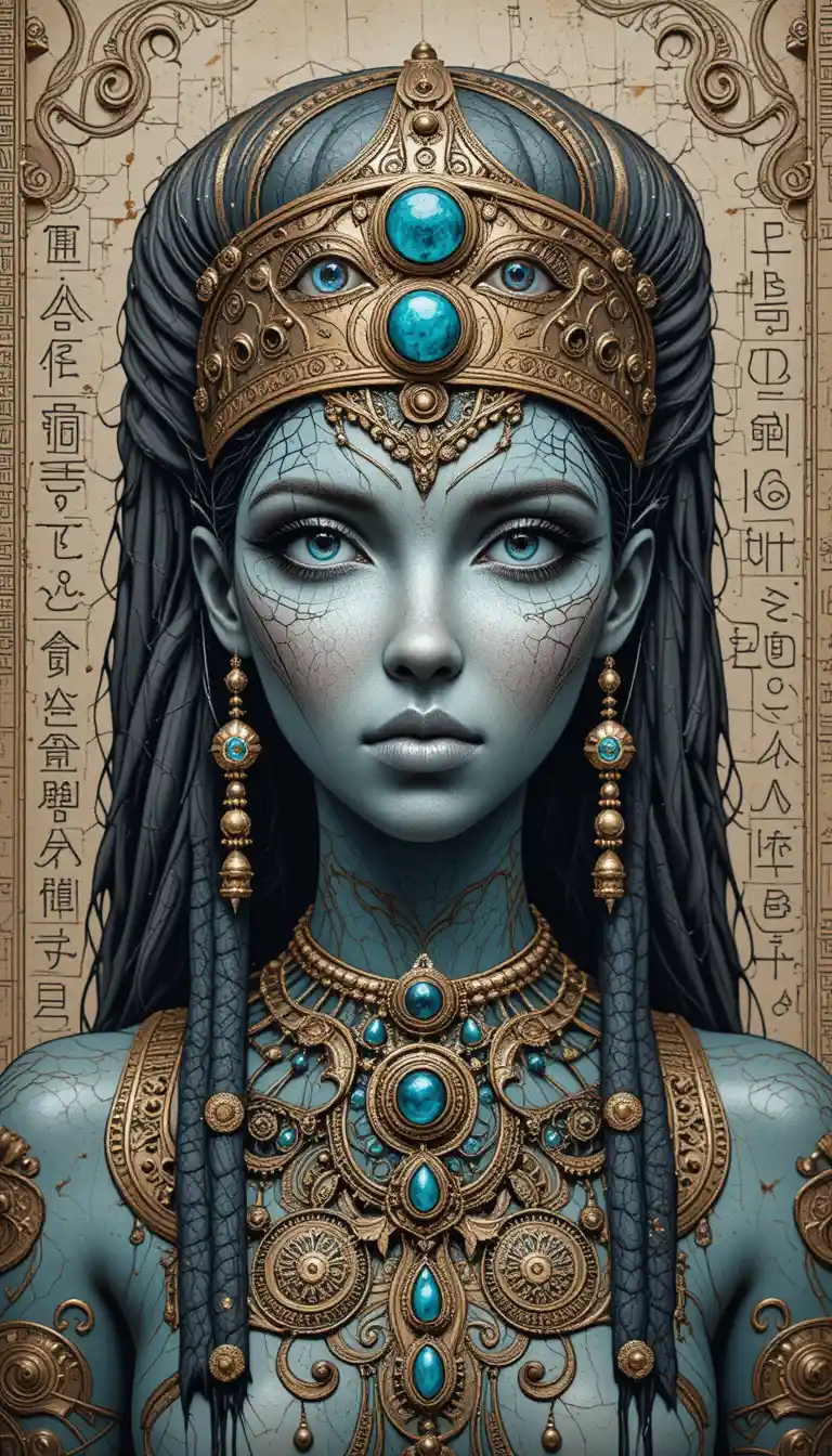 Mystical cybernetic egyptian goddess portrait in turquoise jade