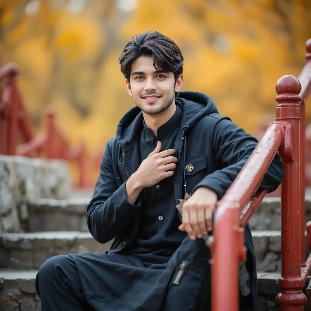 Young man sitting on stone steps in autumn park