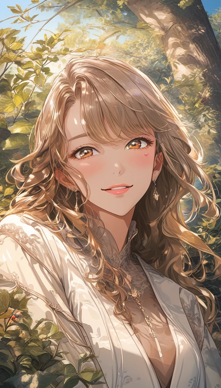 Schüchternes Anime-Mädchen im Sonnenaufgang mit sanftem warmem Lächeln