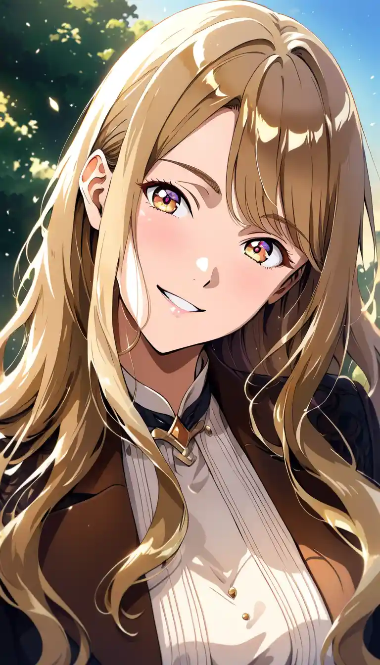 Shy anime girl at dawn with warm hazy sunlight