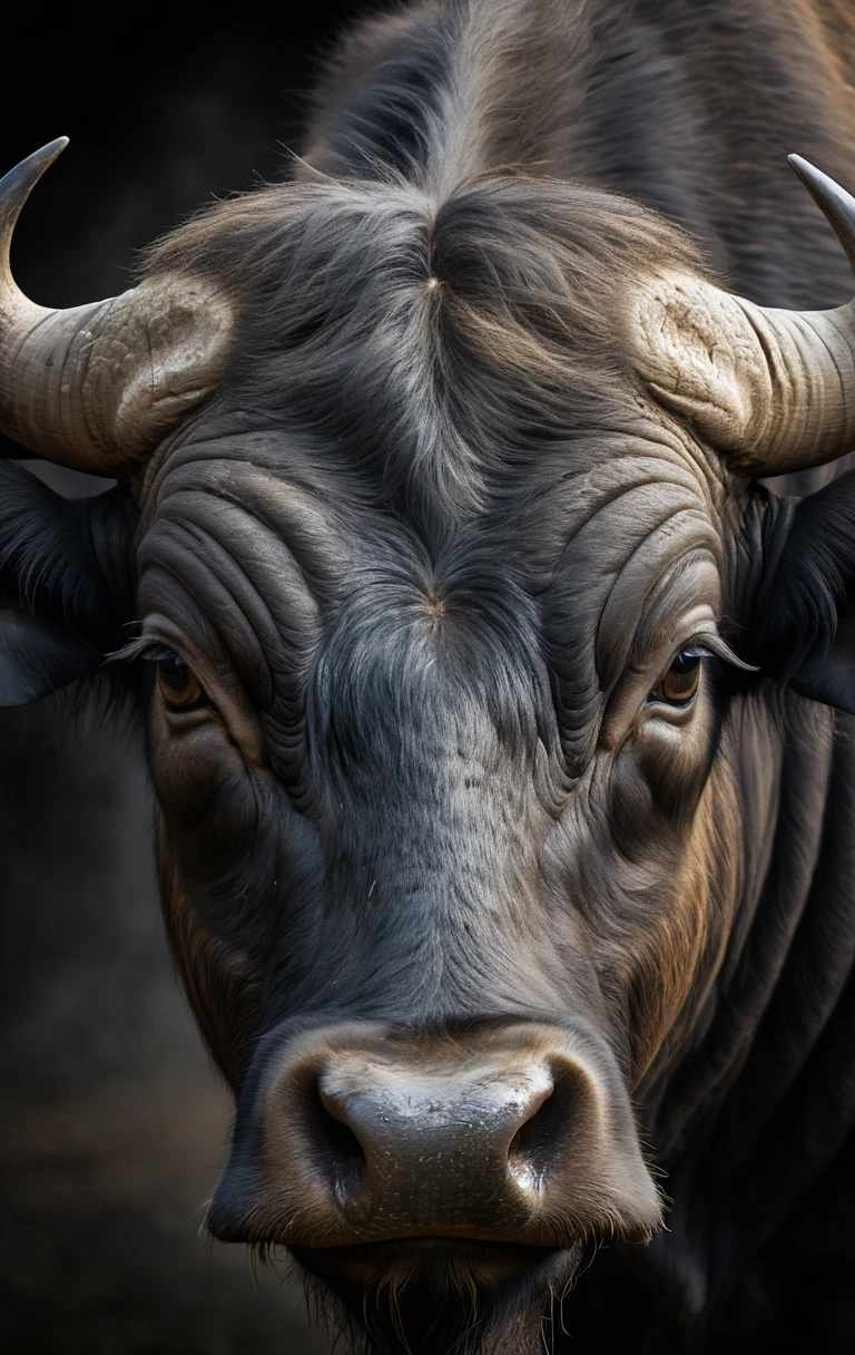 Majestic water buffalo portrait with dramatic curved horns