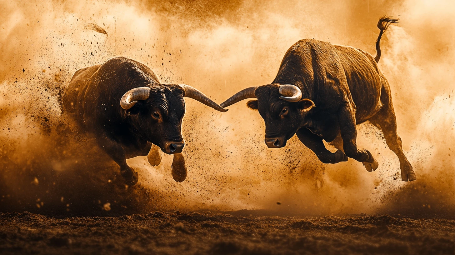 Two powerful bulls locked in a dramatic dusty clash