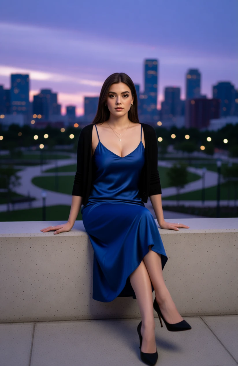 Woman in blue slip dress on city park ledge at dusk