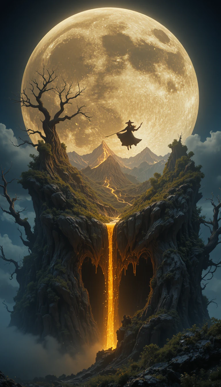 Bruja gigantesca alzándose sobre un paisaje de fantasía oscura