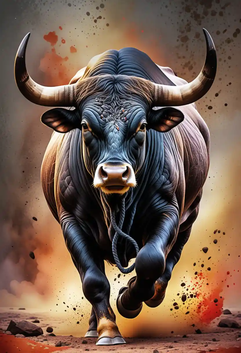 Charging spanish bull in dramatic mixed media illustration
