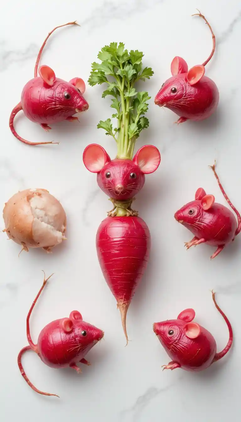 Cute radish mice arranged on a clean white background