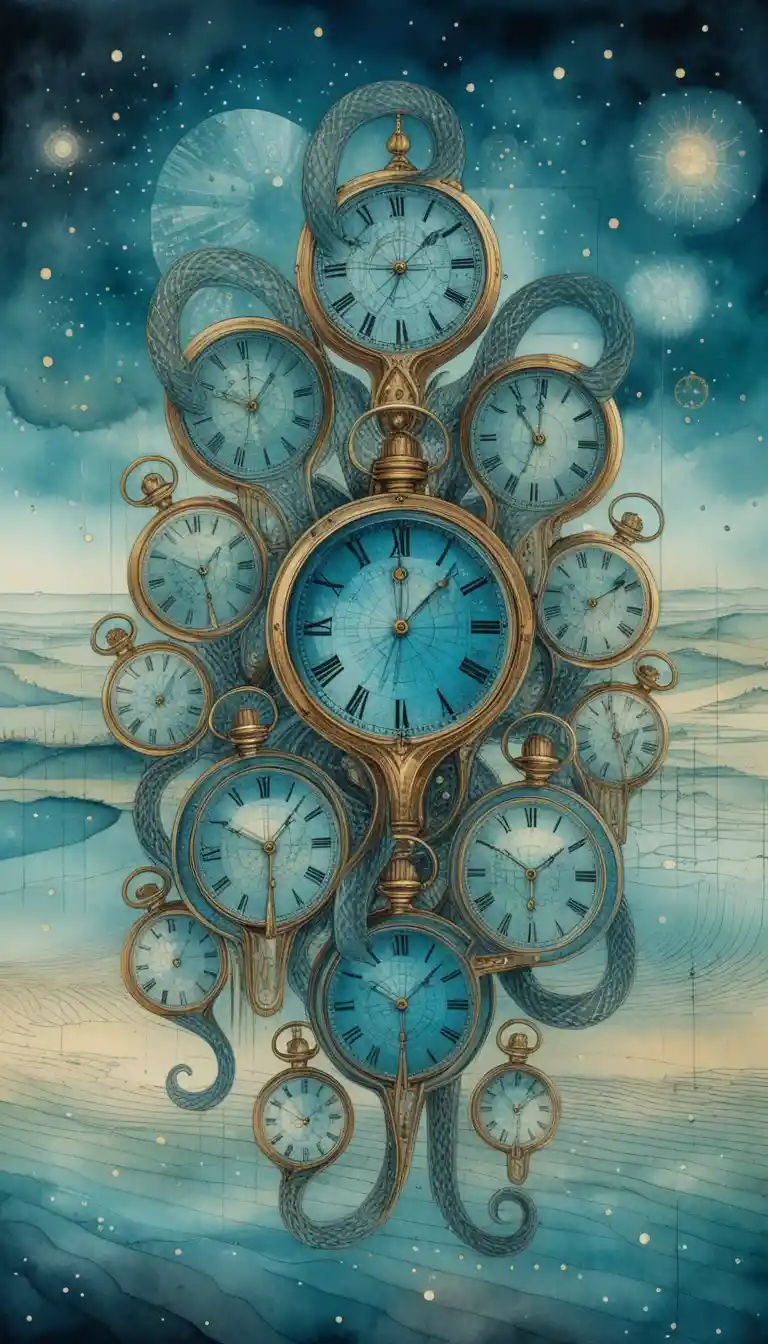 Steampunk cosmic time machine with glowing blue eye core