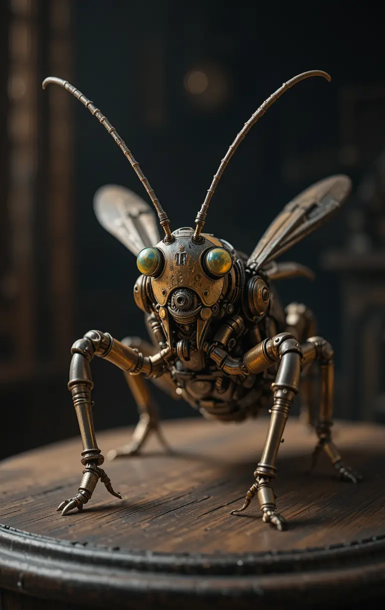 Hyper realistic steampunk mechanical cricket on wooden base