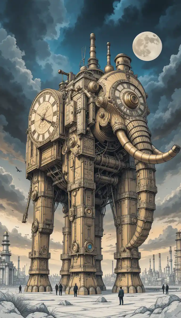 Enorme elefante mecánico steampunk bajo un dramático cielo iluminado por la luna