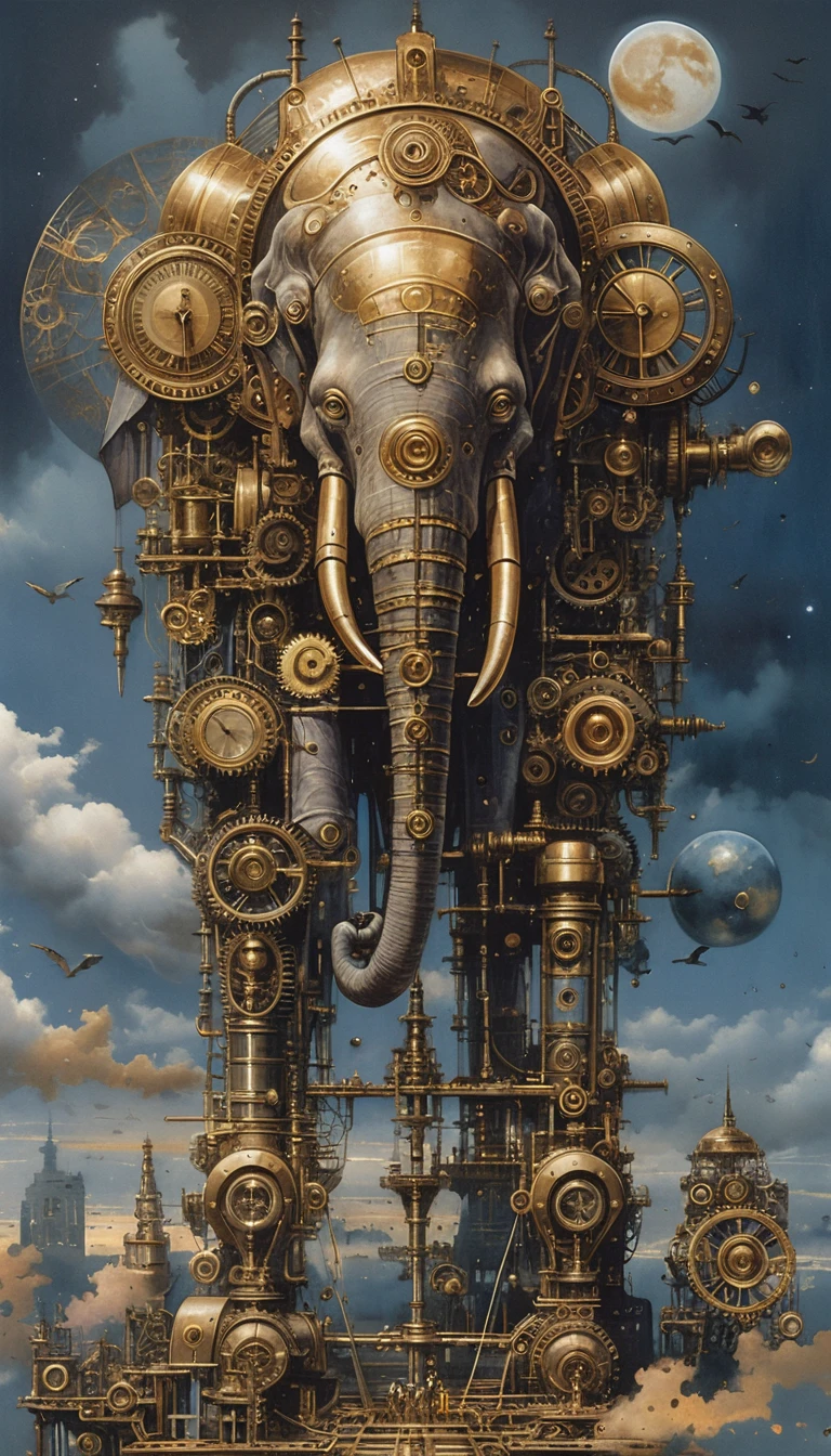 Gigantesco Elefante Mecánico Steampunk bajo el Cielo del Crepúsculo