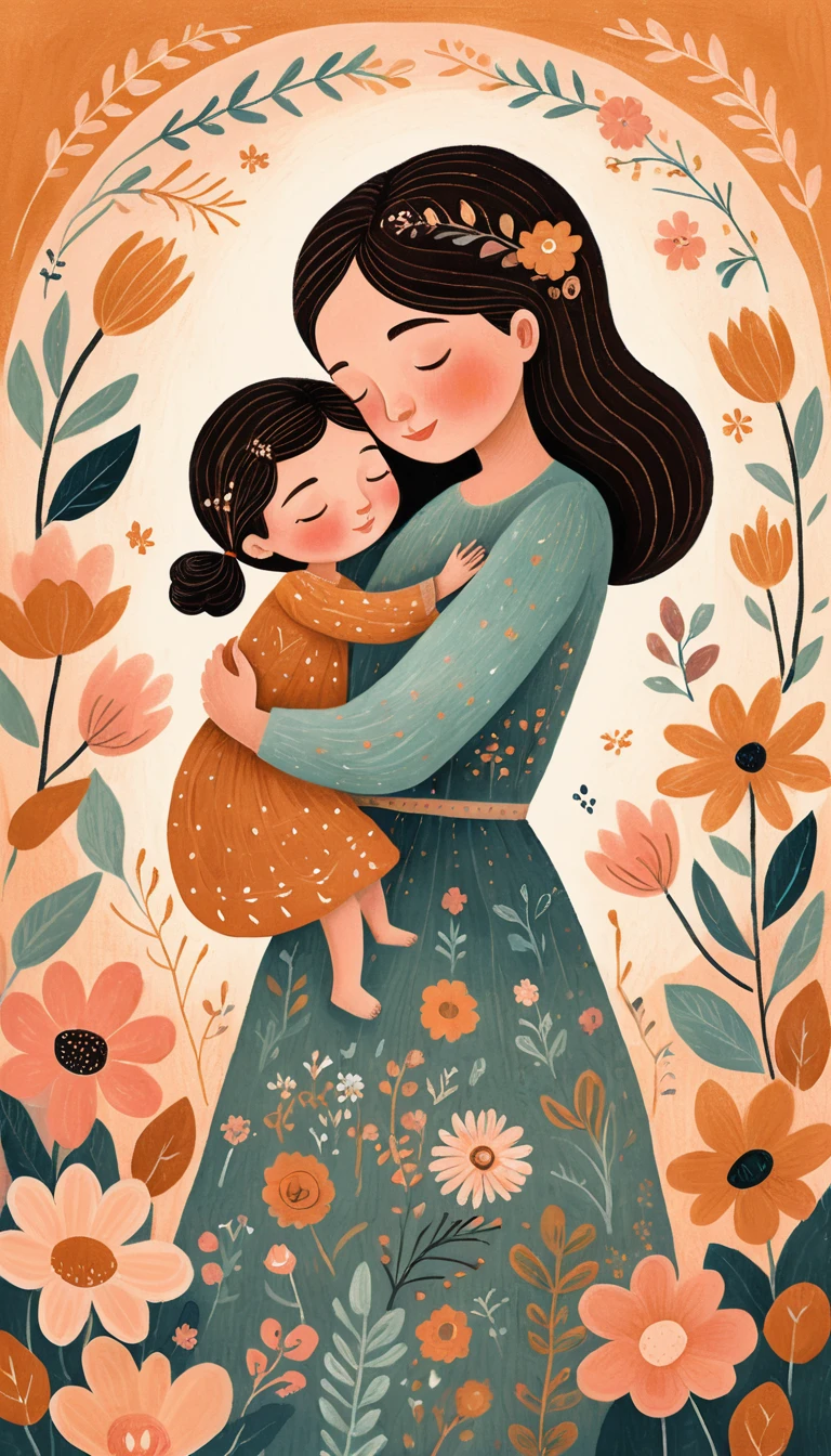 パステルイラストの、母に抱きしめられる子どものほっこりフォークアート